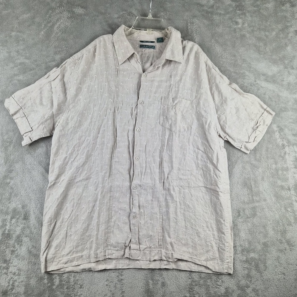 Cubavera 100% Linen Shirt Mens XL Beige Textured Embroidered Short Sleeve Resort